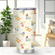 1/5pcs 20oz Colorful Ditsy Floral Travel Mug, Cream Base With Vibrant Wildflower Flat Print, Fresh And Energetic, Comes With Transparent Lid. Vacuum Insulated Stainless Steel Material, Reusable, Keeps Cold And Hot, Suitable For Daily Outings And Gatherings, Lively Colors, Highly Attractive Creative Gift For Friends. - Floral Print - View 5