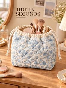 1pc Luxury Quilted Shell Makeup Bag, Portable Daily Cosmetic Storage Bag, High-End Large Capacity Cute Drawstring Pouch - Multicolor - View 1