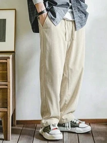 Men's Vintage Style Loose Corduroy Casual Pants With Pockets - Comfortable Soft Fabric, Suitable For Street And Outdoor Activities - Khaki - View 3
