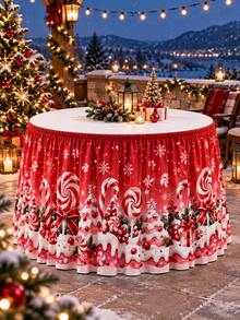 1pc Candy Cane Christmas Table Skirt, Mint Lollipop Snow-Capped Christmas Tree Gift Box Red Bow Snowflake Print Table Edge Cover, Suitable For Dessert Table, Family Gathering And Christmas Party Decoration - Multicolor - View 6