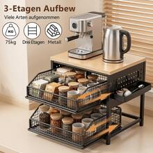 2026 Neuheit Kaffee-Kapsel Aufbewahrungsregal, dreistufige Kaffee-Station mit 5 Metall-Schubkörben und seitlichem Tablett, Kaffeemaschinenständer mit Walnuss Echtholzoberfläche, Küchen Organizer für Kaffee-Kapseln, Tassen, Gewürze und Teeutensilien - Verschiedenfarbig - Übersicht 6