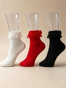 1/3 Pairs Women's Lace Mid-Calf Socks With Large Satin Bow And Floral Lace Trim, Sweet Cute Lolita Style Mesh Ruffle Short Socks, Gift For Friends - Multicolor - View 9