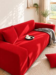 1 buah Sarung Sofa Elastis Universal Dekoratif Musim Gugur Warna Merah Sutra Susu + 1 buah Sarung Bantal Tanpa Isi yang Serasi - Merah - View 2