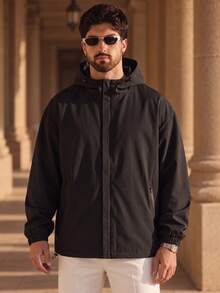 1pc Men's Solid Color Minimalist Hooded Jacket, Suitable For Daily Outings And City Commute - Black - View 1