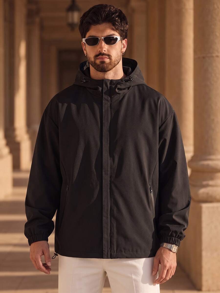 1pc Men's Solid Color Minimalist Hooded Jacket, Suitable For Daily Outings And City Commute - Black - View 1