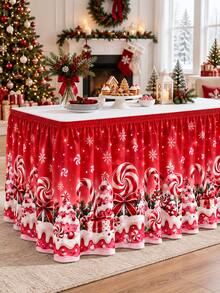 1pc Candy Cane Christmas Table Skirt, Mint Lollipop Snow-Capped Christmas Tree Gift Box Red Bow Snowflake Print Table Edge Cover, Suitable For Dessert Table, Family Gathering And Christmas Party Decoration - Multicolor - View 2