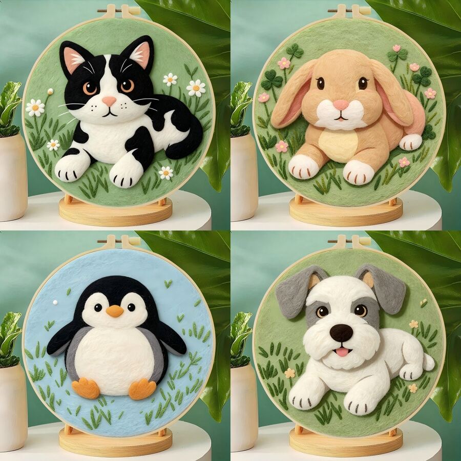20x20cm/7.9x7.9 Inch DIY Needle Felting Starter Kit,Wool Felt,Cartoon Animals Theme Includes Instruction Manual,Embroidery Frame,Stamping Needle,Foam Padding,Wool And Felt,Handicraft Embroidery For Home Decoration,Suitable Gift For Special Occasions