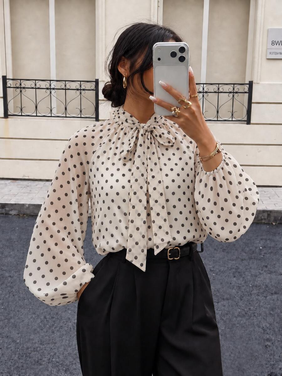 Women's Polka Dot Print Tie Neck Blouse - Apricot - View 1