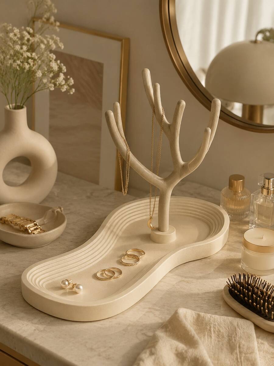 1pc Elegant Jewelry Storage Tree With Tray, Decorative Necklace Holder, Ring & Earring Display Stand, Vanity Bedroom Home Decor Gift, Jewelry Organizer Tree, Ray, Ring & Earring Storage, Room Decor Jewelry Rack, Jewelry Stand - Multicolor - View 1