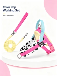Cow Print Dog Harness And Leash Set, Colorblock Soft Padded Anti-Pull Pet Vest Harness, Adjustable Buckle Comfortable Dog Walking Set, Suitable For Outdoor Daily Use - Multicolor - View 4