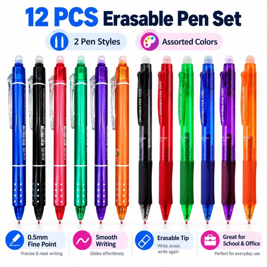 12 Pack Erasable Gel Pens, 0.5mm Fine Point Retractable Pens In 2 Styles And 6 Assorted Colors, Smooth Writing Erasable Pens For School Office Notes Journaling Homework And Daily Writing - Multiple Styles - View 1