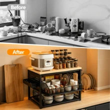 Dreistufiger Kaffee Organizer für Küche, 2026 Neuheit Kaffeestation mit Walnuss Echtholzoberfläche, 5 Metall-Schubkörben und seitlichem Tablett, Multifunktionaler Aufbewahrungsständer für Kaffeemaschine, Tassen, Gewürze, Teezubehör - Verschiedenfarbig - Übersicht 4