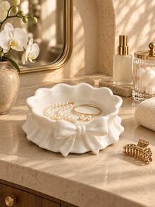 1pc White Bow Jewelry Storage Tray, Wavy Edge Round Dish, Can Neatly Store Rings, Earrings, Necklaces, Bracelets And Small Accessories, Add Elegant Decoration To Vanity, Dresser, Bedside Table Or Desk, Jewelry Dish, Vanity Storage, Storage - Multicolor - View 5
