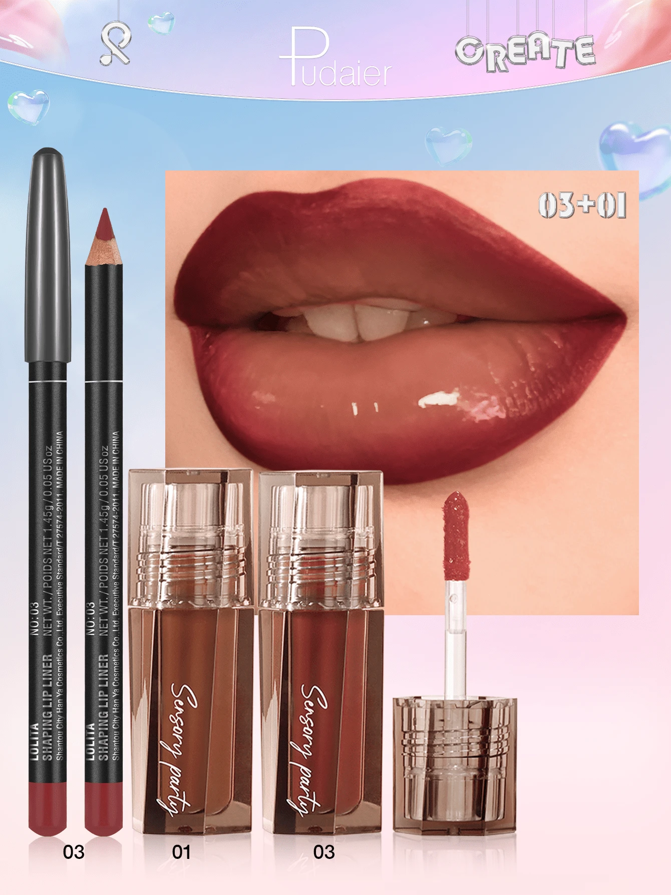 Pudaier 3pcs Matte Lip Liner & Moisturizing Lip Gloss Set | Smooth Lip ...