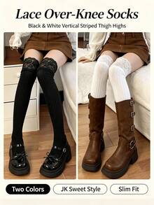 Women's Over-The-Knee Socks, Lace Trim, Slim Fit Vertical Stripe Design, Pure And Seductive Style, Suitable For JK/Japanese Sweet Looks - A - View 6