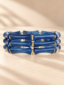 3pcs/Set Women's 3-Layer Chunky Beaded Bracelets, Bamboo Knot Style Personalized Bangles, Vintage Fashion Wrist Accessories - Leopard Print - View 5