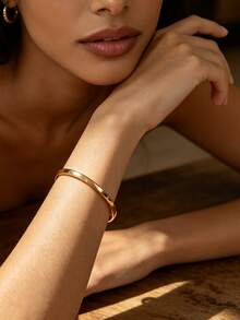 Charm-In Women's Simple Open Gold Bangle, 18K Gold Plated Copper, Polished Plain Cuff Bracelet, Versatile Casual & Party Jewelry Gift - Gold - View 2