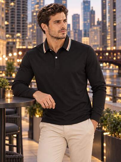 Men's Golf Long Sleeve Polo Shirt, Contrast Striped Collar, Pure Black Polyester Fabric, Regular Fit, Country Club Outdoor Sports Smart Casual Top