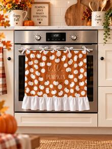 Fall Oven Door Curtain, Thanksgiving Oven Skirt, Dishwasher Front Door Cover Decoration, Hello Pumpkin White Pumpkin Allover Print Ruffled Oven Cover With Bow Ties, Made Of Polyester, Farmhouse Fall Kitchen Decor For Thanksgiving,Halloween,Gathering. - Ginger - View 3