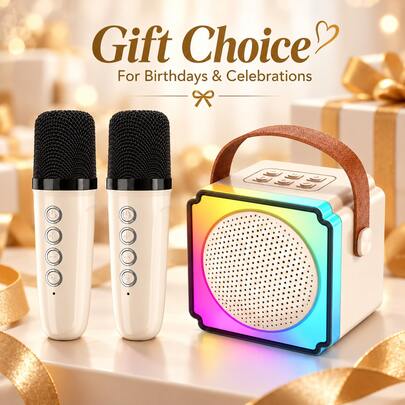 Portable Karaoke Machine With 2 Wireless Mics, Mini Singing Speaker With 7-Color LED Light Effects, Voice Changing Modes, MP3 Music Playback And Compact ABS Design For Kids, Adults And Home Parties