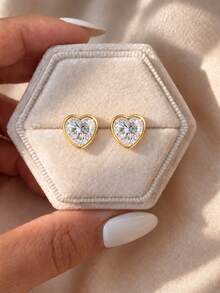 Besthing 1 Pair S925 Sterling Silver 2CT Heart-Shaped White Moissanite Bezel-Set Stud Earrings, Luxury High-End Jewelry For Wedding, Party, Date, Commute, Holiday Gift - Yellow Gold - View 2