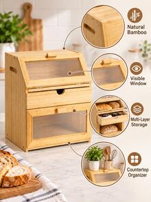 1pc Bamboo Bread Box, Double Layer Bread Storage Container With Clear Windows And Drawer, Countertop Bakery Organizer For Home Kitchen, Pantry, Apartment, Farmhouse Decor, Bread And Pastry Storage - Multicolor - View 7