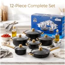 12Pcs Stainless Steel Cookware Set(6 Pots + 6 Lids), Non-Stick Speckled Cooking Pots & Pans With Glass Lids & Golden Handles, Kitchen Cooking Set For Stove - View 1