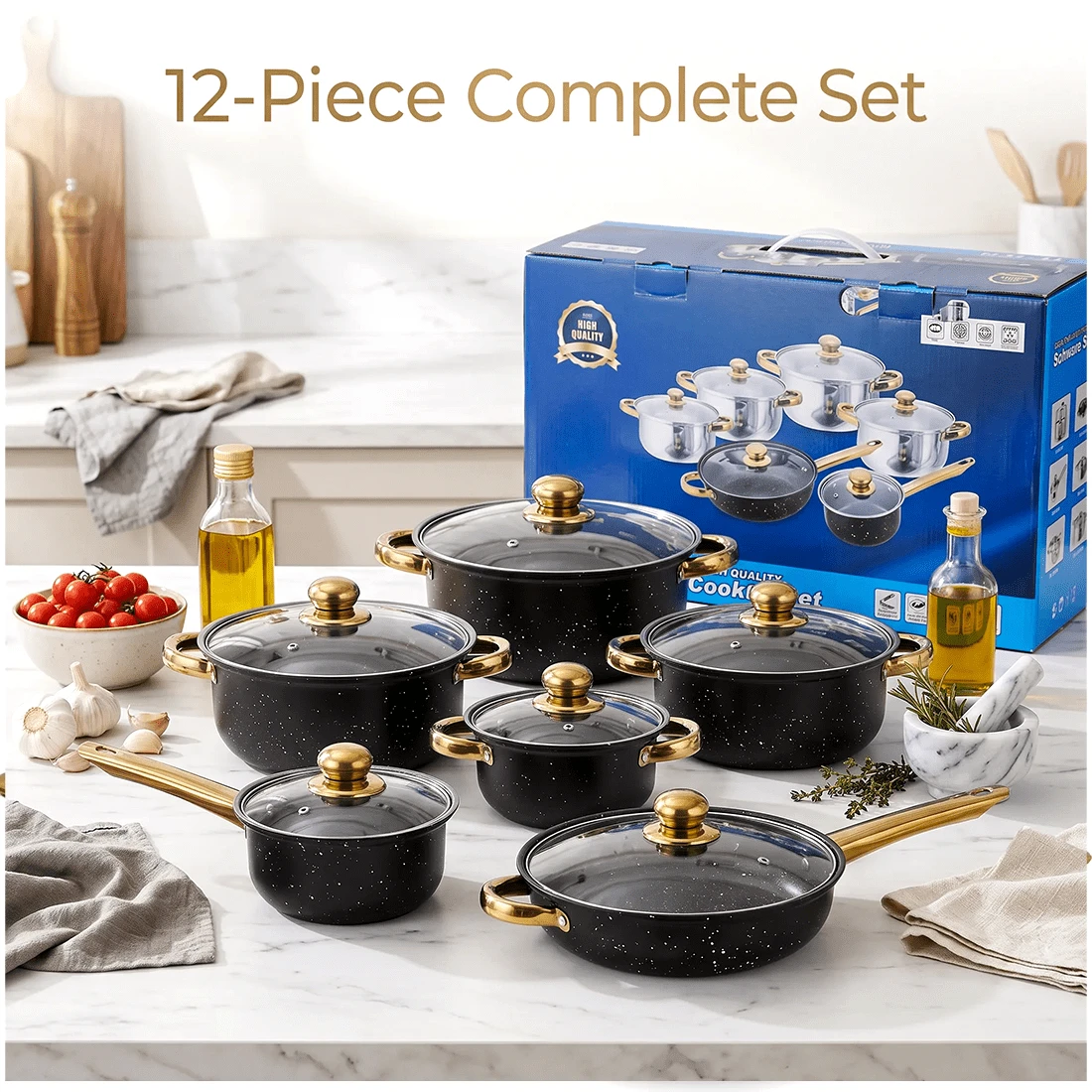 12Pcs Stainless Steel Cookware Set(6 Pots + 6 Lids), Non-Stick Speckled Cooking Pots & Pans With Glass Lids & Golden Handles, Kitchen Cooking Set For Stove - View 1