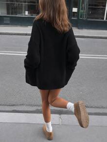 New Autumn/Winter Women's Casual Minimalist Solid Color Button-Front Drop Shoulder Cardigan - Black - View 4