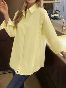 Kemeja Polos dengan Kancing Depan dan Saku, Blus Lengan Panjang untuk Wanita, Musim Semi, Musim Panas, Musim Gugur - Sampanye - View 6