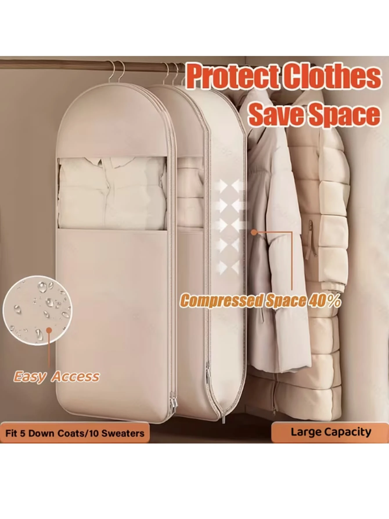 3 Sizes Beige Compression Storage Bags - 40% Space Saving Vacuum Seal, Suitable For Down Jackets And Winter Wardrobe, Transparent Luxury Storage, With Durable Zipper