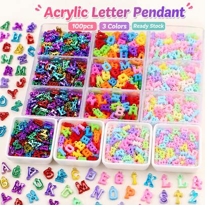 100pcs Mixed Color Electroplated Acrylic Letter Beads, Random Assortment, Handmade DIY Jewelry Making Accessories