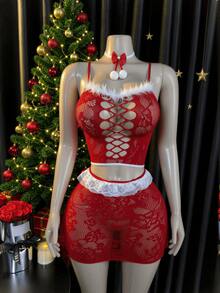 Women's Christmas Red Lace 3 PiecesLingerie Set With Feather Trim Cross Cutout Top And Mini Skirt - Red - View 1