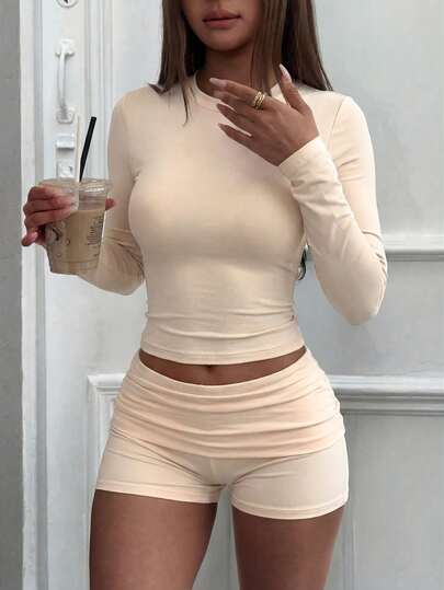 2pcs Women's Apricot Semi-High Neck Long Sleeve Crop Top + Pleated Waist Shorts, Solid Color Slim Fit Two Pieces Set, Casual Daily Streetwear