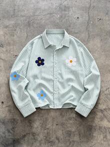 Krometka Men's Striped Floral Pattern Loose Lapel Long Sleeve Shirt, Street Style Oversize Casual Blouse - Green - View 6