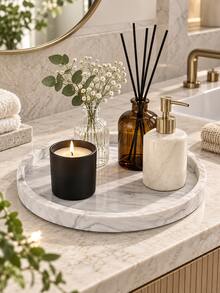 1pc Round Marble Pattern Decorative Tray, Suitable For Fragrance Bottles, Candles, Aromatherapy Diffusers, Jewelry And Beauty Essentials, Elegant Vanity, Bathroom Countertop And Side Table Storage, Bathroom Accessories, Toothbrush Holder, Brush Holder - Multiple Styles - View 3