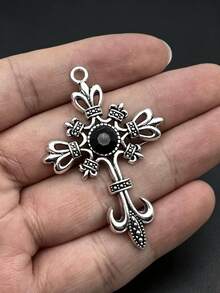 Vintage Gothic Cross Charm, Antique Silver Fleur-De-Lis Cross Pendant With Black/Red Rhinestone, DIY Jewelry Making Accessory For Necklace Bracelet - Multicolor - View 2