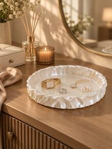1pc Elegant Round Jewelry Storage Tray, Ruffle Edge Pearl White Jewelry Holder, Suitable For Rings, Earrings, Necklaces, Bracelets And Accessories, Vanity/Dressing Table/Bedroom/Entryway Decorative Jewelry Tray, Jewelry Holder, Jewelry Dish, Ring Holder - Multicolor - View 4