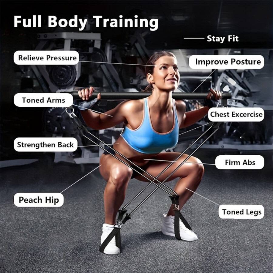 Bộ 8 món thanh tập Pilates kèm 4 dây kháng lực (140 Lbs), bộ thiết bị tập gym tại nhà di động với dây đeo cổ chân và ba lô dây rút, phù hợp cho nam và nữ tập thể dục - Nhiều màu - Xem 1
