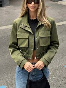 Women's Military Style Jacket, Short Slimming Design With Large Pockets And Cinched Waist, Motorcycle Jacket, Fashionable Autumn/Winter Outfit For Daily Commute, Party And Holiday - Army Green - View 1