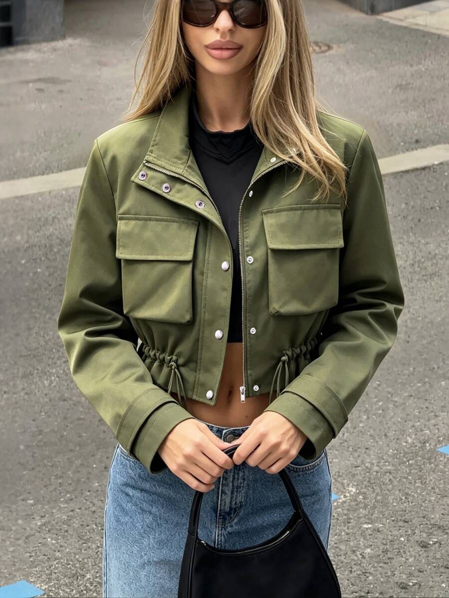 Women's Military Style Jacket, Short Slimming Design With Large Pockets And Cinched Waist, Motorcycle Jacket, Fashionable Autumn/Winter Outfit For Daily Commute, Party And Holiday - Army Green - View 1