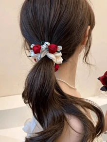 1 Pc Korean Handmade Fabric Rose Scrunchie, Bow Hair Tie Elastic Rubber Band, Hair Accessory For Women, Suitable For Bun Hairstyle - Multicolor - View 5