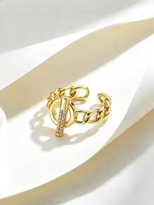 Charm-In Gold-Plated Open Chain Ring With O-Shaped Buckle And Inlaid CZ Diamonds, Thick Chain Luxury Style Accessory, Suitable For Daily Wear, Dating, Party, Street Style, Ideal Gift For Girlfriend, Best Friend, Birthday, Holiday - Gold - View 3