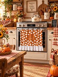 Fall Oven Door Curtain, Thanksgiving Oven Skirt, Dishwasher Front Door Cover Decoration, Hello Pumpkin White Pumpkin Allover Print Ruffled Oven Cover With Bow Ties, Made Of Polyester, Farmhouse Fall Kitchen Decor For Thanksgiving,Halloween,Gathering. - Ginger - View 9