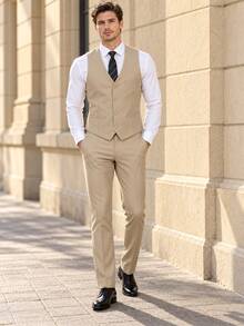 Men's 2 Pieces Suit Set, Vest And Suit Pants, Solid Color Formal Suit Vest And Trousers Set, Business Wedding Party Commute Wear - Champagne - View 1