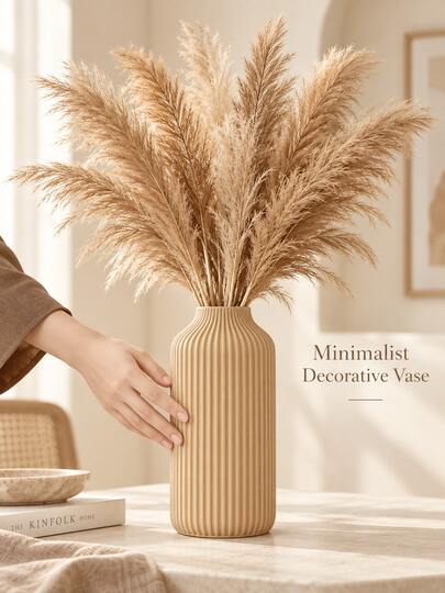 1pc Modern Minimalist Matte Striped Vase, Nordic Bohemian Short Neck Decorative Vase, Suitable For Reed Grass And Artificial Flowers, Living Room Bedroom Office Desktop Centerpiece Decor, Wedding Easter Spring Home Decoration