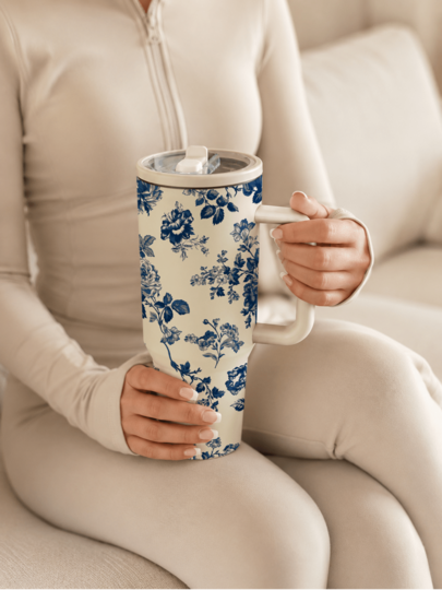 1pc 40oz/1180ml Blue & White Vintage Ditsy Floral Insulated Tumbler With Handle And Straw, Double-Wall Stainless Steel Large Capacity Vacuum Travel Mug, Leak-Proof Iced Coffee Cup, Cold & Hot Retention Portable Water Bottle, Aesthetic Women's Gift, Daily Home & Office Supplies