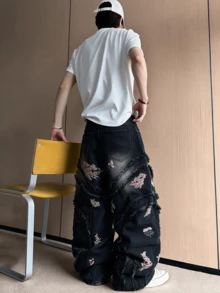 Spring Hong Kong Style Men's Denim Jeans Patchwork Design With Fresh Embroidery Wide Leg Pants Versatile Loose Fit All Season Long Pants 1pc | Belt & Accessories Not Included - Black - View 4