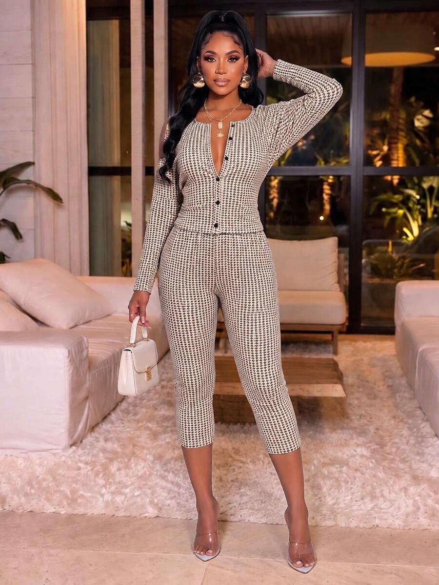 Elegant Houndstooth Print Round Neck Button-Detailed Top And Pants Set For Women, Perfect For Fall & Casual Outings - Apricot Brown - View 1