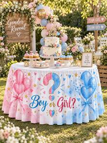 Gender Reveal Party Table Skirt, Pink & Blue Balloon Question Mark Boy Or Girl Print, Baby Shower Dessert Table Decoration, Table Edge Skirt - Multicolor - View 2